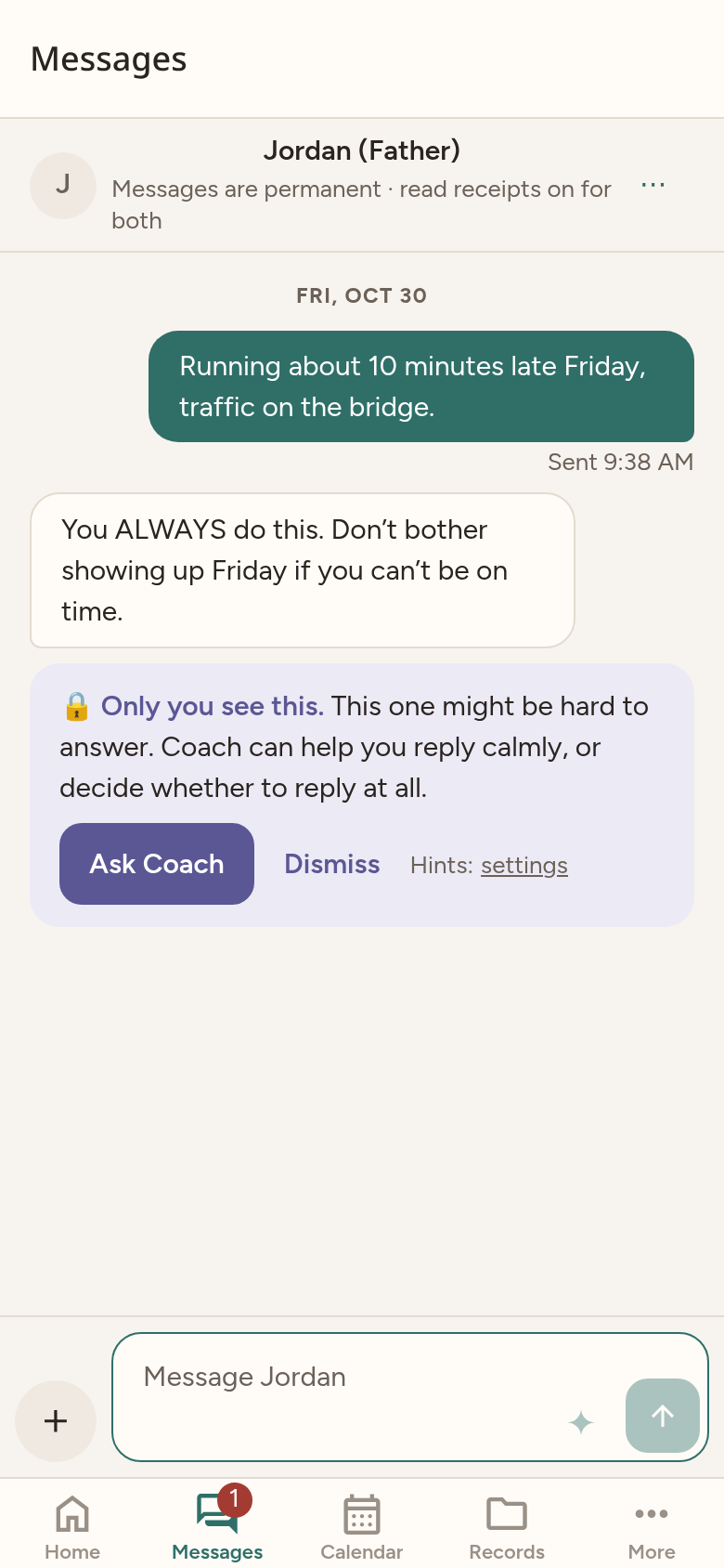 Message thread with Jordan. A private Coach hint says only you see this, and that the message might be hard to answer.