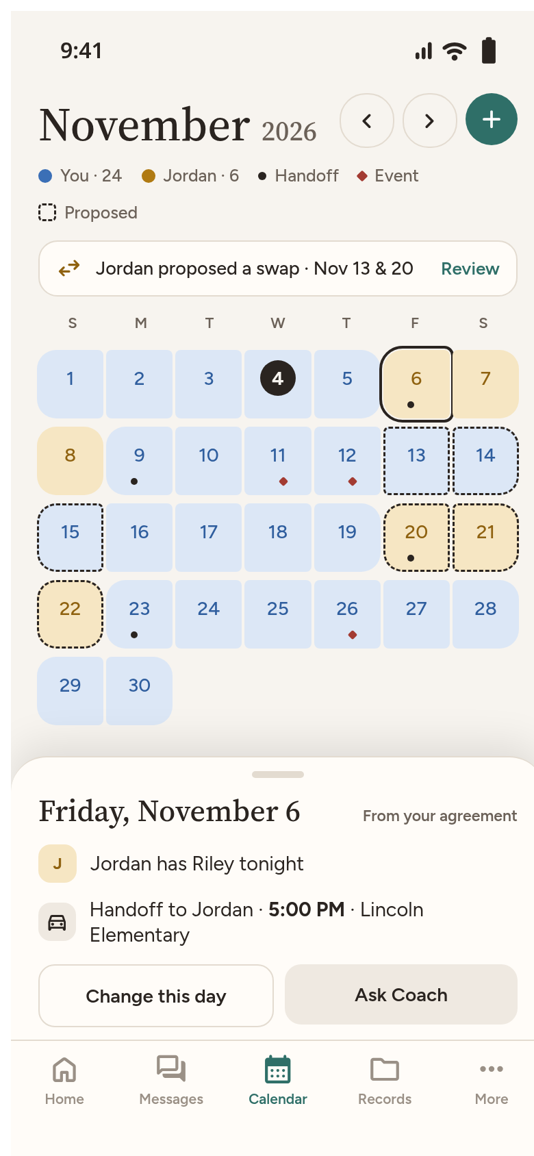 November 2026 calendar. Your days and Jordan's days use two colours. Friday, November 6 shows a 5:00 PM handoff at Lincoln Elementary.