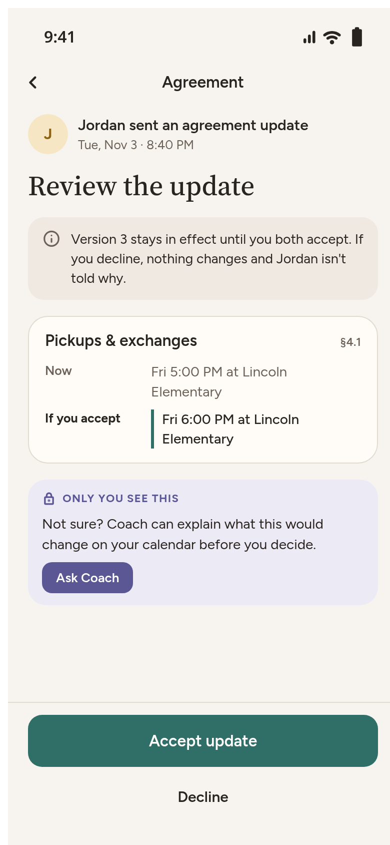 Review an agreement update from Jordan. The current version stays in effect until both accept. The example is a Friday pickup time at Lincoln Elementary.